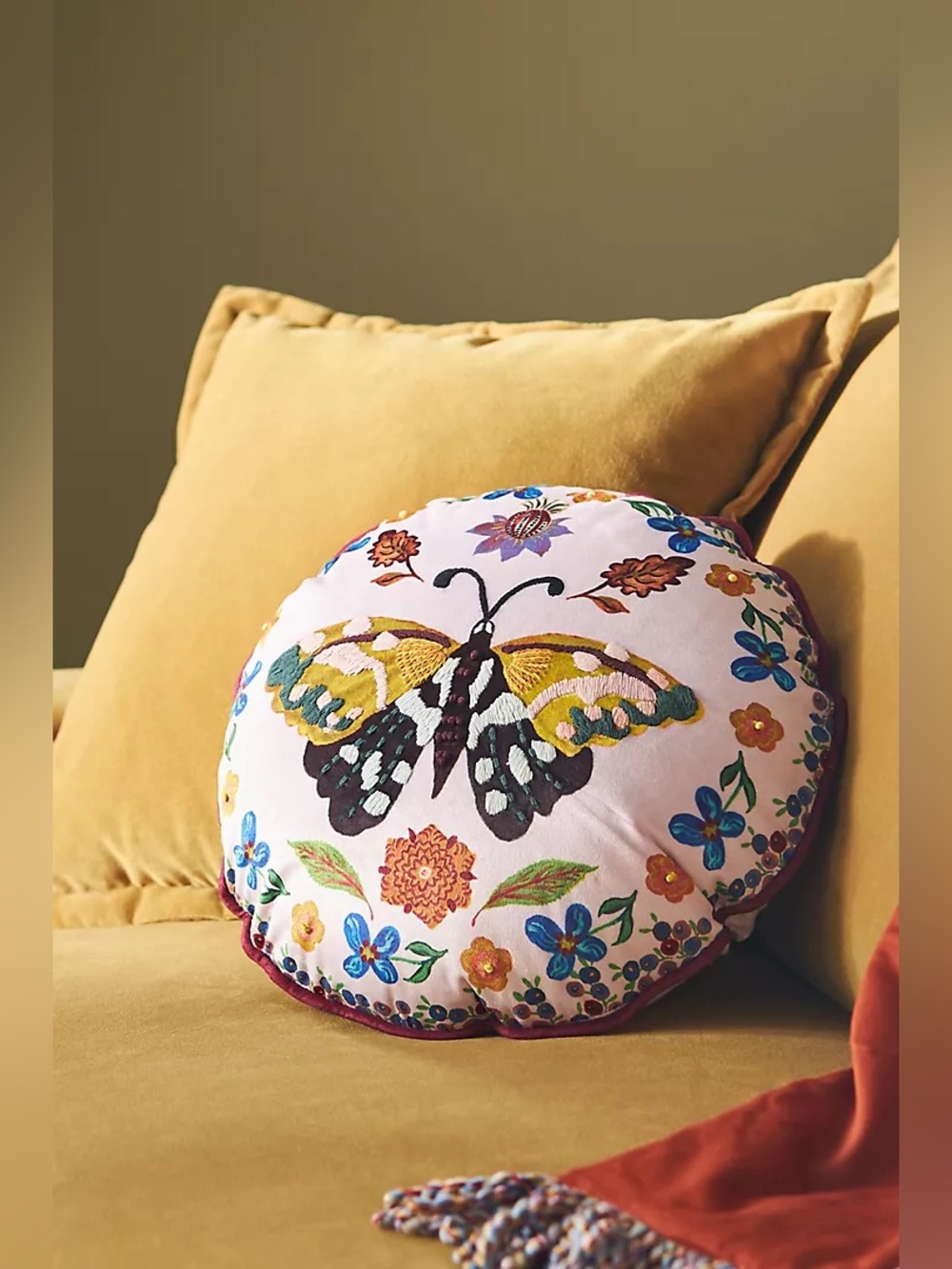 New Anthropologie Nathalie Lete Embroidered Velvet Moth Round Throw Pillow